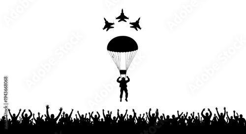 Paratrooper Jumps from Plane with Jets Flying Overhead, Crowd Cheers Below