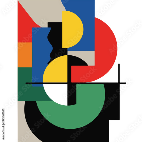 Geometric abstraction featuring primary colors, shapes, and black elements
