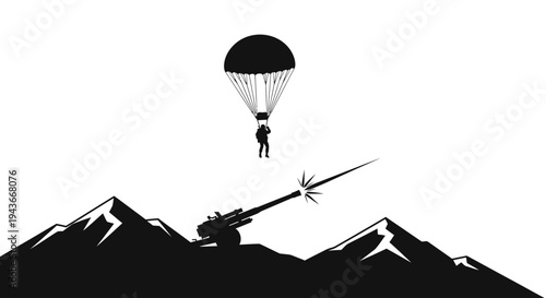 Paratrooper Jumps Over Artillery Gun on Mountain Peak, Military Air Assault Concept