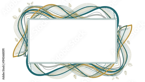 A rectangular text box surrounded by colorful, swirling lines and subtle leaf shapes on a white background with a modern, artistic design.