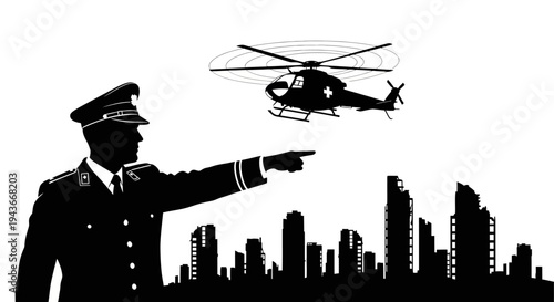Police Officer Directing Traffic with Helicopter Overhead in City Skyline Silhouette
