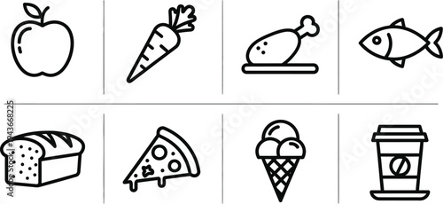 Editable outline icons collection of food items for design and illustration