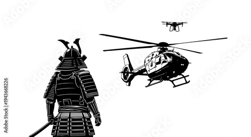 Samurai Warrior Confronts Modern Helicopter and Drone in Stark Contrast