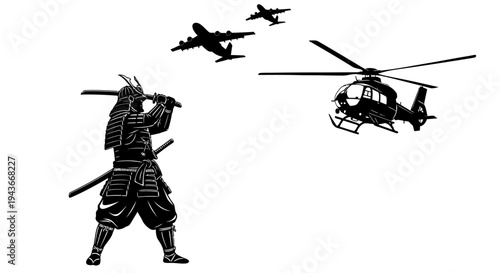 Samurai Warrior Facing Modern Aircraft: A Fusion of Past and Future