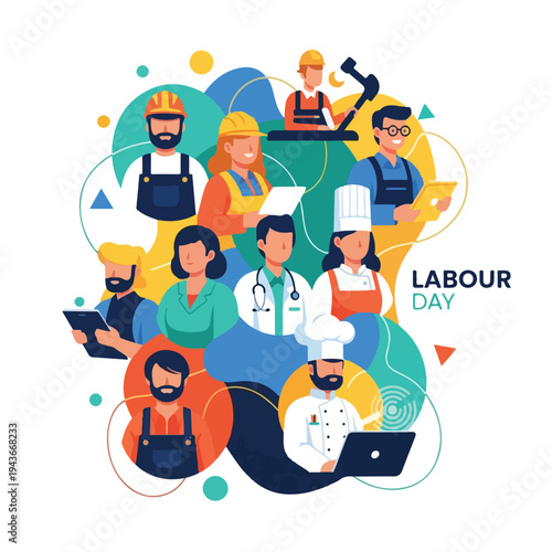 Group of diverse workers surrounded by abstract shapes, celebrating Labor Day