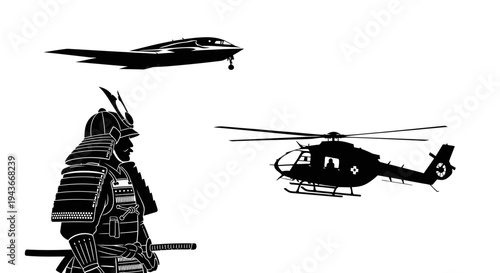 Samurai Warrior Facing Modern Aircraft and Helicopter