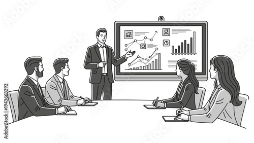 A business man presenting a graph on a screen to three colleagues in a meeting with a professional and corporate mood.