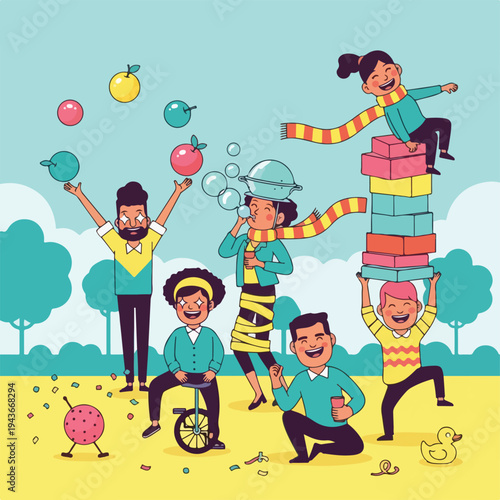 Group of people enjoying activities in a park with bubbles and stacked boxes