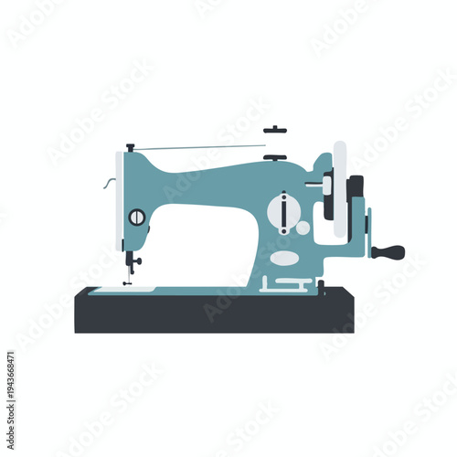 Retro teal sewing machine with a hand crank and needle on a dark base