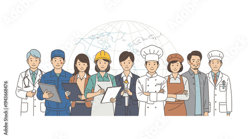 Diverse professionals from various occupations standing together in a line against a white background with a globe outline.