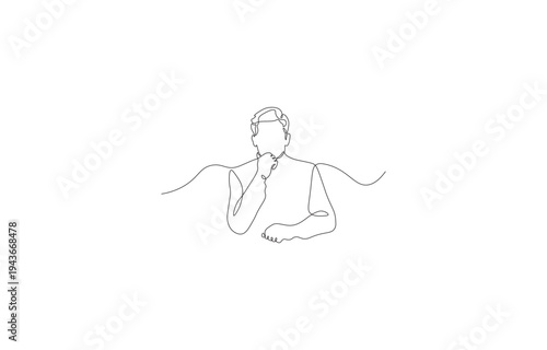 Minimalist continuous line art illustration of a pensive man contemplating an idea.