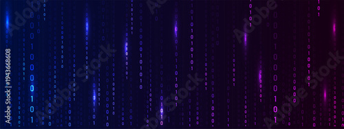 Futuristic light effect with data flow. Programming symbols on neon backdrop. Abstract binary code matrix for cyber technology and security art. Vector illustration.