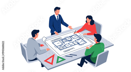 Team of professionals collaborating on architectural blueprints.