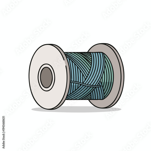 A spool of multi-colored thread, light gray with blue and green hues