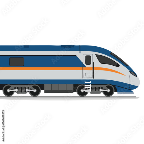 A sleek, modern blue and orange bullet train with silver accents on a white background