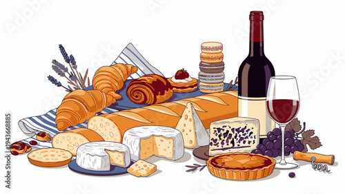 Illustration of assorted cheeses, breads, wine, and crackers arranged on a table against a white background.