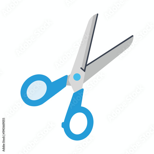 A blue handled pair of scissors with silver blades open against a white background