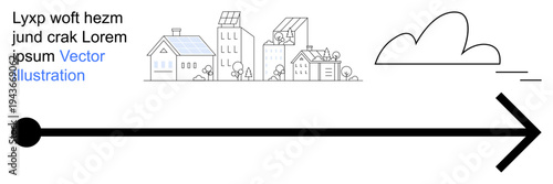 Sustainability, eco-friendly living, progress, renewable energy, urban planning, technology. Minimalistic cityscape with solar panels and an arrow graphic. Sustainability and eco-friendly living