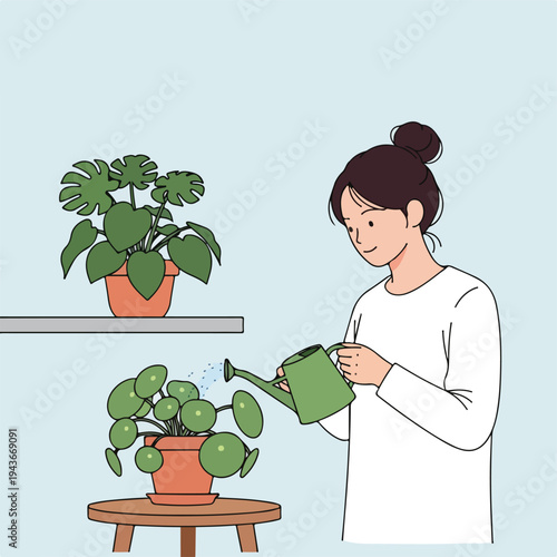 Illustration of a person watering plants in a pot with a green watering can