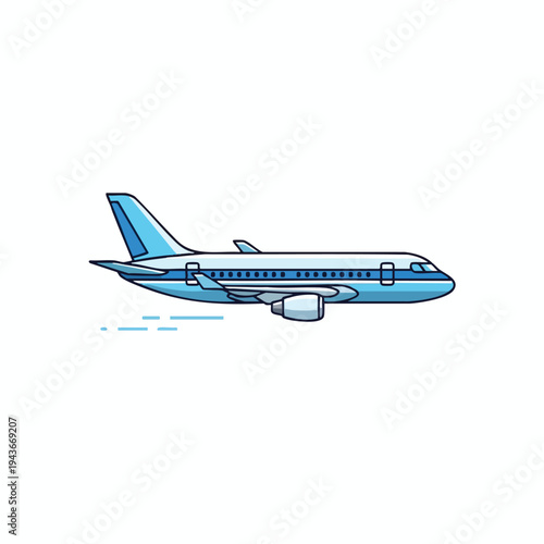 A sleek, blue and white passenger jet flies, leaving light blue streaks behind