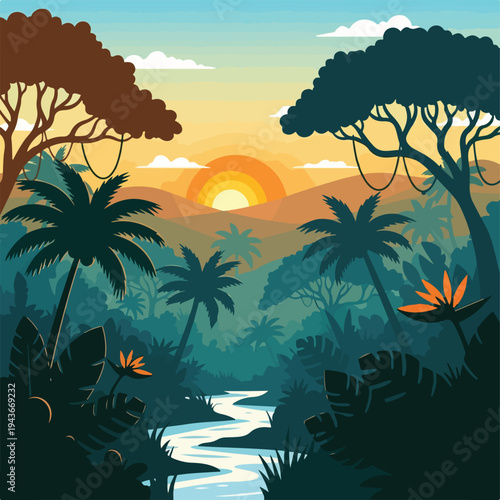 Illustration of a tropical sunset with a river flowing through a jungle