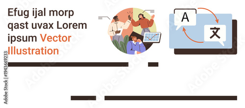 Language services, global communication, translation tools, language learning, multilingual interaction, cross-cultural exchange. Characters discussing with translation symbols. Language services