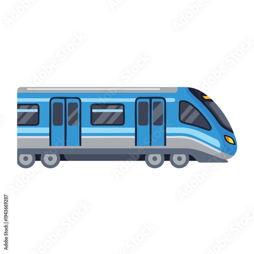 Sleek blue and gray train with dark windows and doors