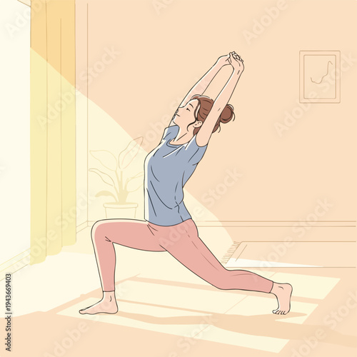 Illustration of a woman in yoga pose inside, bright sunlight