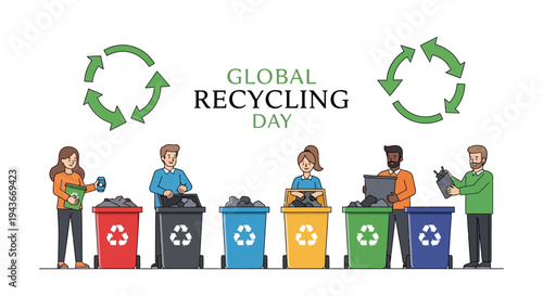 Illustration of people recycling on Global Recycling Day with recycling bins and eco-friendly practices.