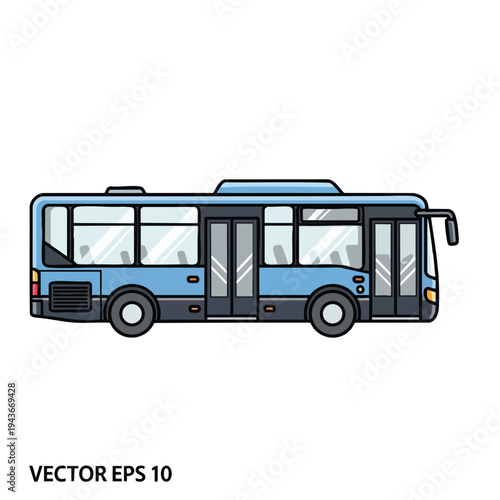 Blue public transportation bus with large windows and double doors, depicted from the side