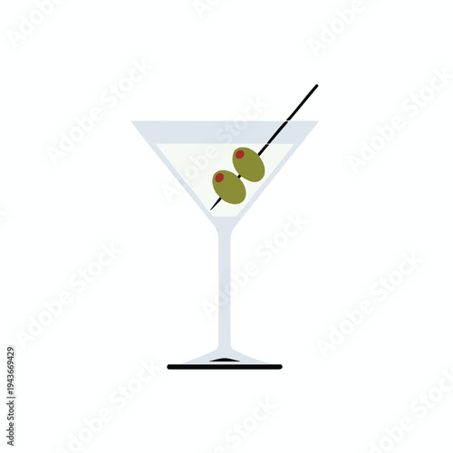 A martini glass filled with clear liquid, garnished with two olives on a pick
