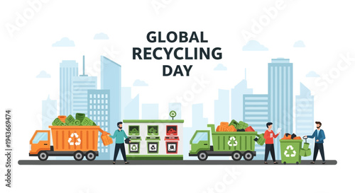 Vector illustration of people working with recycling trucks and bins on Global Recycling Day with a cityscape background promoting sustainable recycling practices and environmental