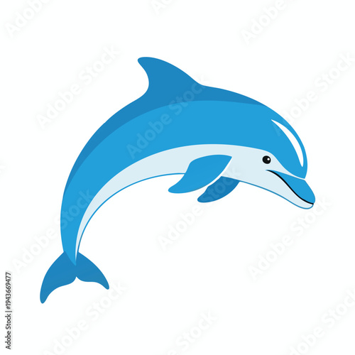 A blue cartoon dolphin gracefully leaps out of the water