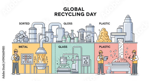 Illustration of a recycling process on Global Recycling Day 2026 with workers sorting metal, glass, and plastic materials in a sustainable recycling practice.