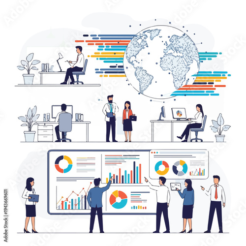 Illustration of business professionals working with global data and charts