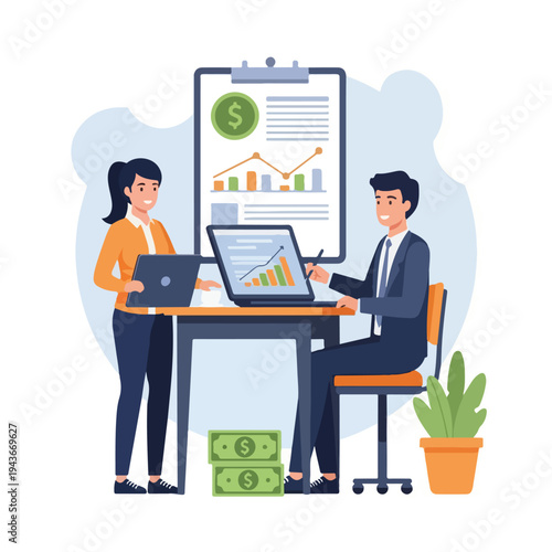 Illustration of business team analyzing financial data on computer