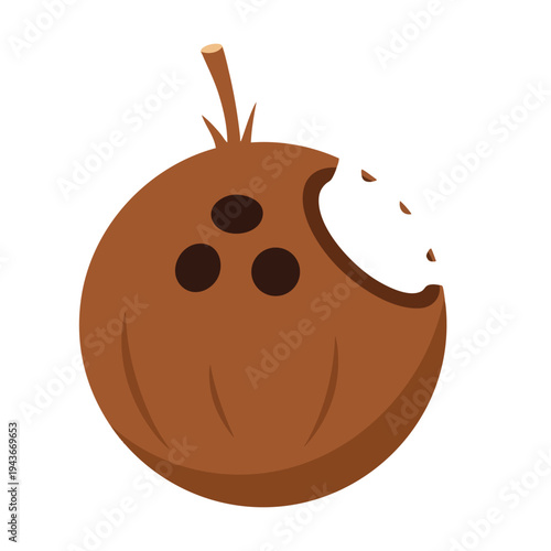 A brown coconut with three dark circles and a bite missing