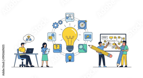 Teamwork and Innovation Brainstorming Session for New Ideas.