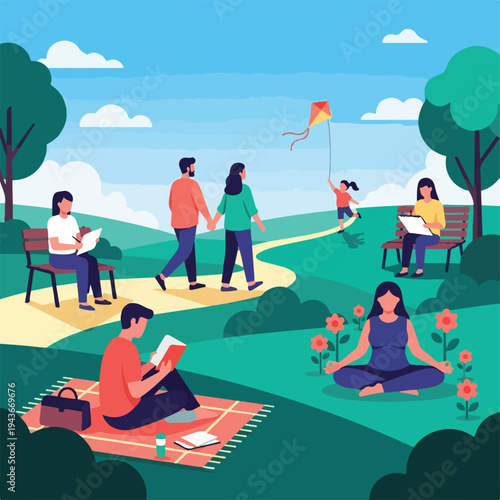Illustration of people enjoying a park reading, walking, meditation, and flying a kite
