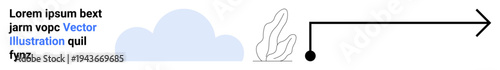 Navigation, growth, minimalism, direction, balance, abstract art. A cloud, plant outline and arrow pointing right with text. Navigation and growth concepts visually