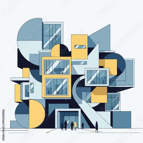 Modern architectural illustration featuring geometric forms, glass, and figures