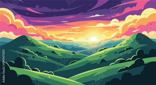 Pixelated landscape depicting hills, clouds, and a sunrise