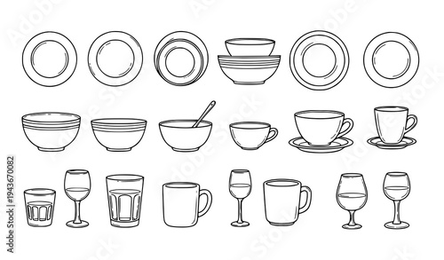 Kitchen tableware doodle outline icons plate mug glass bowl vector set