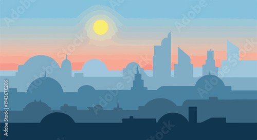 Stylized depiction of a city skyline at sunset