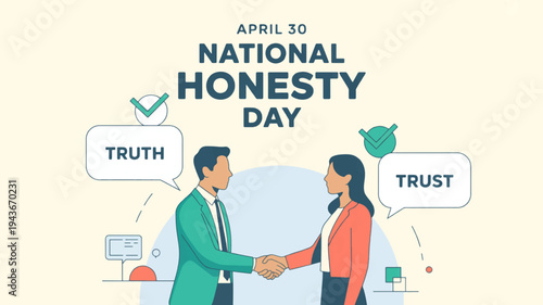 Business people shaking hands on national honesty day symbolizing trust and truth in a professional setting with a green and orange color scheme