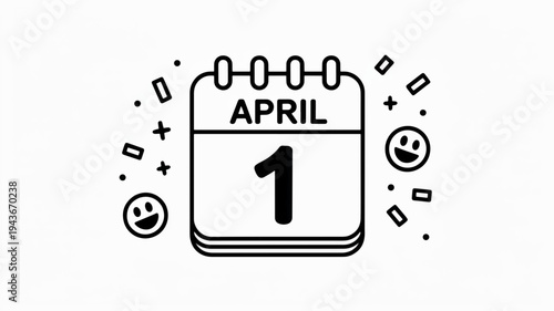 April 1st calendar page with smiley faces and confetti on white background symbolizing april fool's day