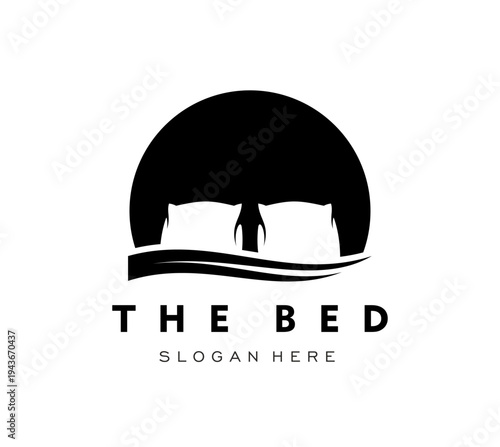 Bedroom bed icon, hotel or furniture shop emblem. Hotel accommodation vector symbol, bedroom textile shop emblem. Comfort mattress icon or bed furniture sign with pillows and typography