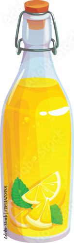 Cartoon glass bottle with lemonade, lemon juice sweet beverage. Natural juice refreshing drink vector bottle, citrus fruit homemade beverage. Summer lemonade with lemon tropical fruit slice and mint