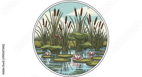 A serene pond scene with lily pads and cattails.