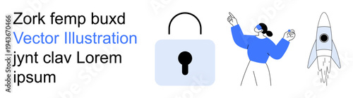 Technology security, digital innovation, data protection, creative thinking, modern communication, future exploration. A padlock, person interacting and a rocket. Technology security and digital